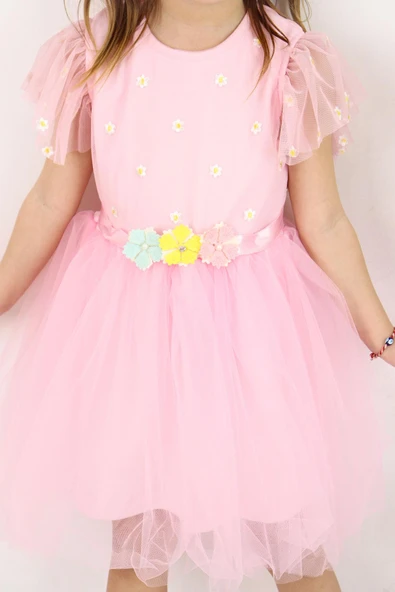 Kız Çocuk Pembe Prenses Elbise – Tüllü, Çiçek Nakışlı, Doğum Günü ve Özel Günler İçin Şık - 6