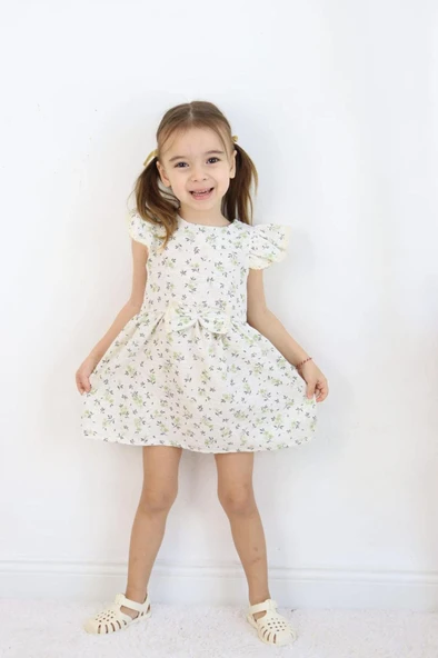 Kız Çocuk Haki Yazlık Çiçekli Fiyonklu Elbise - Kısa Kollu Günlük Elbise 3-6 Yaş - Resim 5