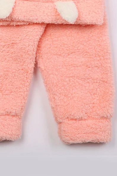 Kız Bebek Çocuk 2'li Polar Takım Tavşanlı Kapüşonlu Peluş Kışlık Günlük Rahat Giyim - 12
