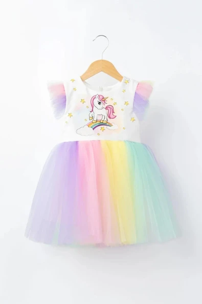 Kız Çocuk Unicorn Baskılı Renkli Tütü Tüllü Prenses Doğum Günü Parti Elbisesi - 5