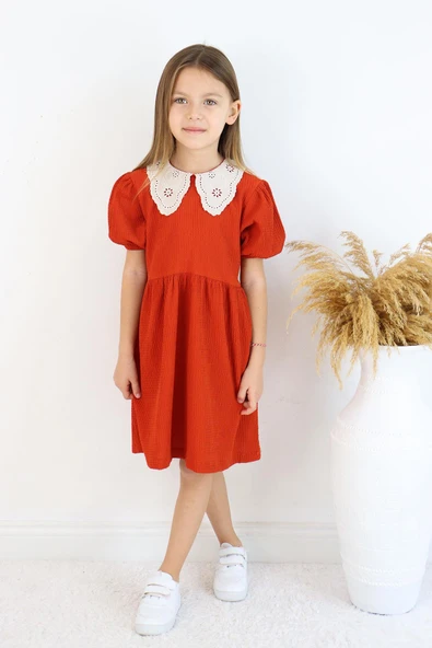 Kız Çocuk Kiremit Elbise - Beyaz Yaka Detaylı, Kısa Kollu, Günlük ve Özel Günler İçin Şık - Resim 4