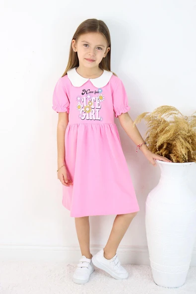 Kız Çocuk Pembe Bebe Yaka Kısa Kollu Elbise – Şık ve Rahat Pamuklu Günlük Yazlık Elbise - 6