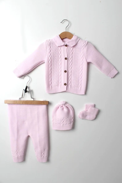 Kız Bebek Pembe Triko Takım 4'lü Hırka, Pantolon, Bere, Patik Orta Kalın Örgü - 4