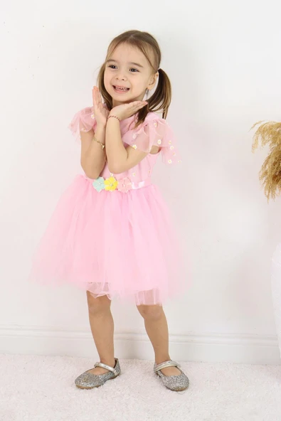Kız Çocuk Pembe Prenses Elbise – Tüllü, Çiçek Nakışlı, Doğum Günü ve Özel Günler İçin Şık - 10