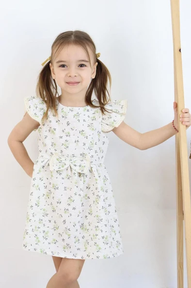 Kız Çocuk Haki Yazlık Çiçekli Fiyonklu Elbise - Kısa Kollu Günlük Elbise 3-6 Yaş - Resim 2