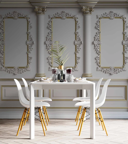 3 Boyutlu Beyaz Sütun Panel Altın Motif Duvar Kağıdı Baskı - 5