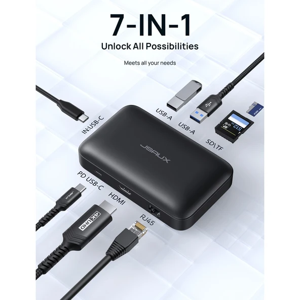 Jsaux MP02 7in1 Type-C Pd Hub 100W Şarj HDMI 2 x USB 3.0 Sd Tf Kart Okuyucu RJ45 + Kablo Seti Dönüştürücü Çevirici Adaptör Hub - 4