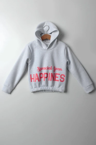 Kız Çocuk 5-10 Yaş Şardonlu Kalın Sweatshirt - Kapüşonlu Bebe Mavisi HAPPINESS Baskılı - 7