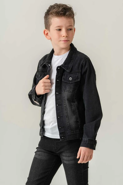 Çift Cepli Düğmeli Siyah Kot Erkek Çocuk Ceket - 4