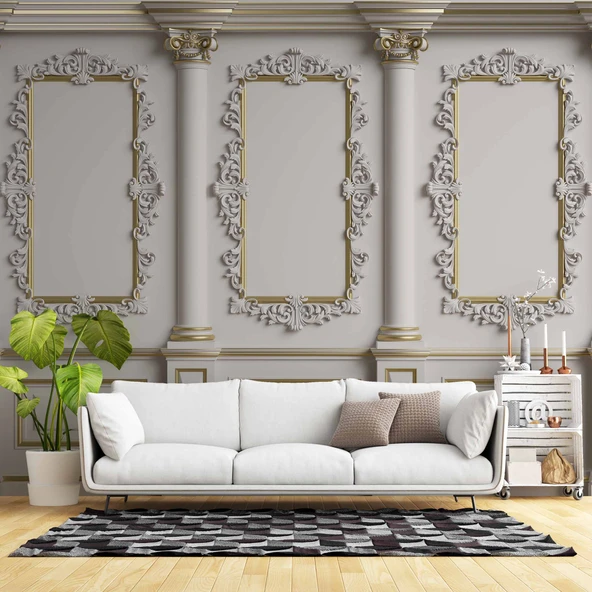 3 Boyutlu Beyaz Sütun Panel Altın Motif Duvar Kağıdı Baskı