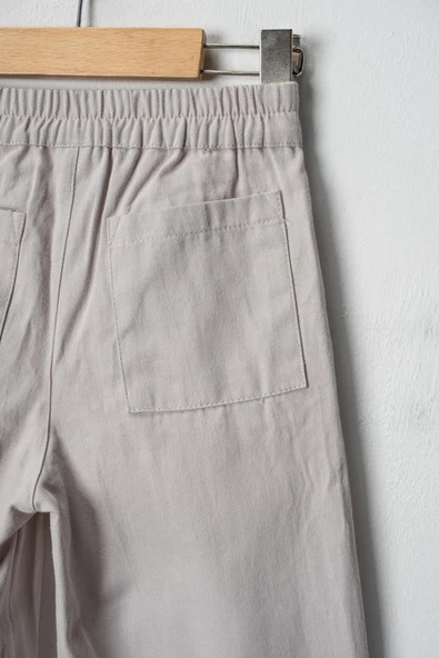 Kız Çocuk Düğmeli Yüksek Bel Geniş Paça Pantolon - Taş Rengi, Günlük, Bayramlık - 8