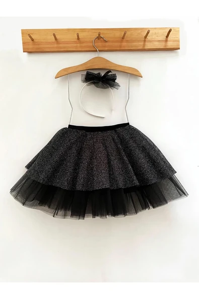 Kız Çocuk Siyah Tüllü Tütü Etek Simli Kumaş Taçlı Takım Doğum Günü Parti Bayramlık Özel Gün Kıyafeti - Resim 5
