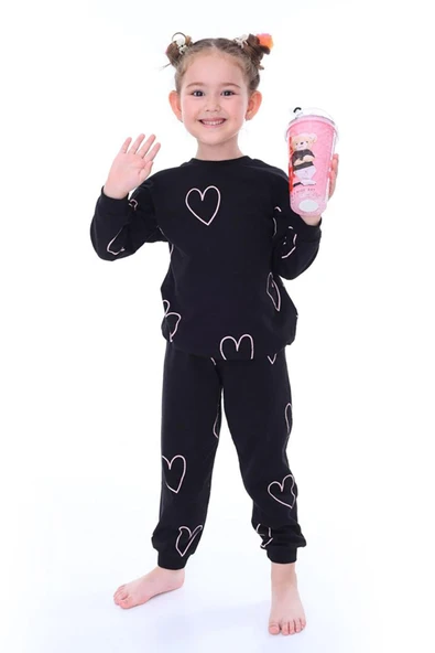 Kız Çocuk Siyah Kalpli Eşofman Takımı Uzun Kollu Pamuklu Rahat Ev Giyim Pijama Takımı - Resim 5