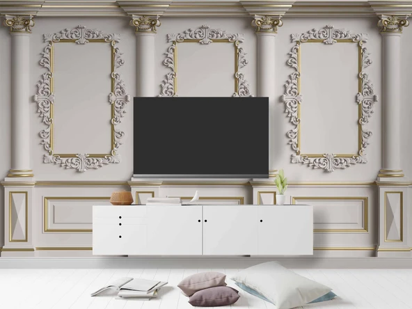 3 Boyutlu Beyaz Sütun Panel Altın Motif Duvar Kağıdı Baskı - 3