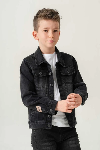 Çift Cepli Düğmeli Siyah Kot Erkek Çocuk Ceket - 2