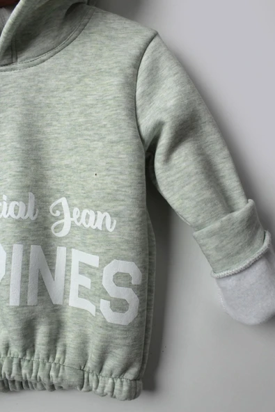 Kız Çocuk 5-10 Yaş Şardonlu Kalın Sweatshirt - Kapüşonlu Mint Yeşili HAPPINESS Baskılı - Resim 3