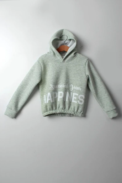 Kız Çocuk 5-10 Yaş Şardonlu Kalın Sweatshirt - Kapüşonlu Mint Yeşili HAPPINESS Baskılı ürün görseli
