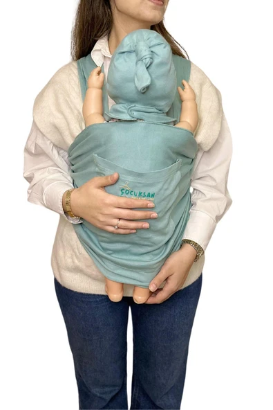 Anne-Bebek Konforu İçin Cepli Çağla Yeşili Bebek Taşıma Anakucağı – Pratik Şık Tasarım