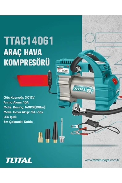 Total Araç Hava Kompresörü Led Işıklı Çakmaklı Kablo - TTAC14061 - 2
