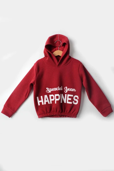 Kız Çocuk 5-10 Yaş Şardonlu Kalın Sweatshirt - Kapüşonlu Kırmızı HAPPINESS Baskılı - Resim 4