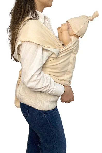 Anne-Bebek Konforu İçin Cepli Krem Bebek Taşıma Anakucağı – Pratik ve Şık Sling Tasarım - 3