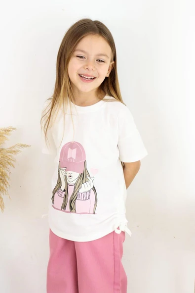 Kız Çocuk Pudra Bol Paça Pantolon ve Beyaz Baskılı Tişört Takım 5-13 Yaş Yazlık Kombin - Resim 6