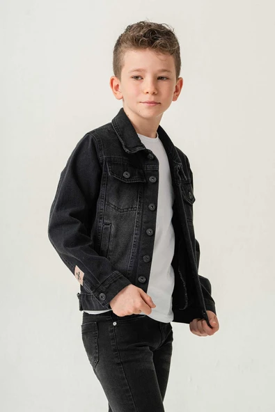 Çift Cepli Düğmeli Siyah Kot Erkek Çocuk Ceket - 3