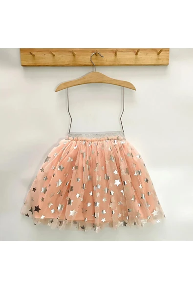 Kız Çocuk Tütü Etek Somon Yıldız Desenli Simli 23 Nisan 29 Ekim Doğum Günü Parti Kıyafeti - Resim 3
