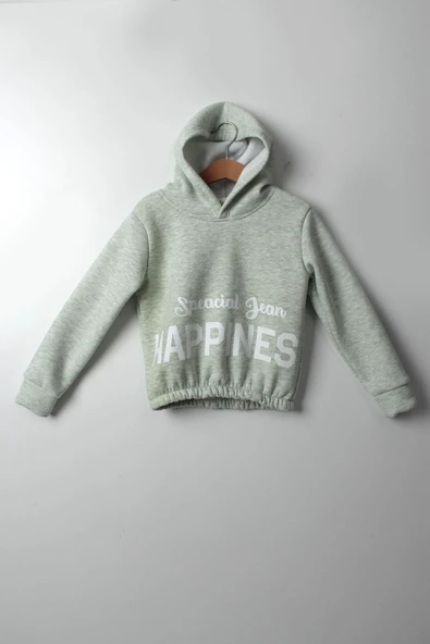 Kız Çocuk 5-10 Yaş Şardonlu Kalın Sweatshirt - Kapüşonlu Mint Yeşili HAPPINESS Baskılı - Resim 10