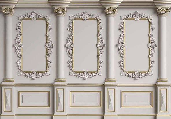 3 Boyutlu Beyaz Sütun Panel Altın Motif Duvar Kağıdı Baskı - 7