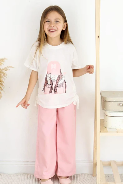 Kız Çocuk Pembe Bol Paça Pantolon ve Beyaz Baskılı Tişört Takım 5-13 Yaş Yazlık Kombin