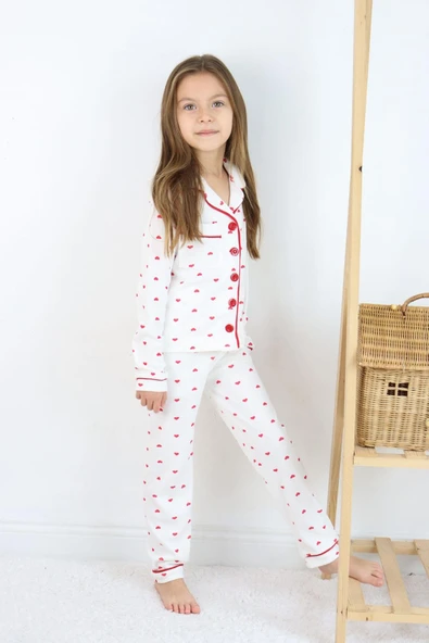 Kız Çocuk Kırmızı Kalpli Pamuklu Pijama Takımı - Uzun Kollu Düğmeli Rahat Takım - 2