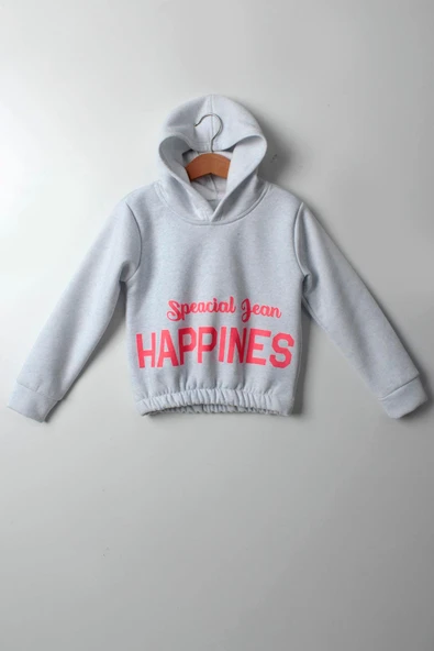 Kız Çocuk 5-10 Yaş Şardonlu Kalın Sweatshirt - Kapüşonlu Bebe Mavisi HAPPINESS Baskılı - 1