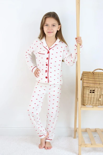 Kız Çocuk Kırmızı Kalpli Pamuklu Pijama Takımı - Uzun Kollu Düğmeli Rahat Takım