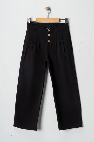 Kız Çocuk Düğmeli Yüksek Bel Geniş Paça Pantolon - Siyah, Günlük, Bayramlık - Resim 5