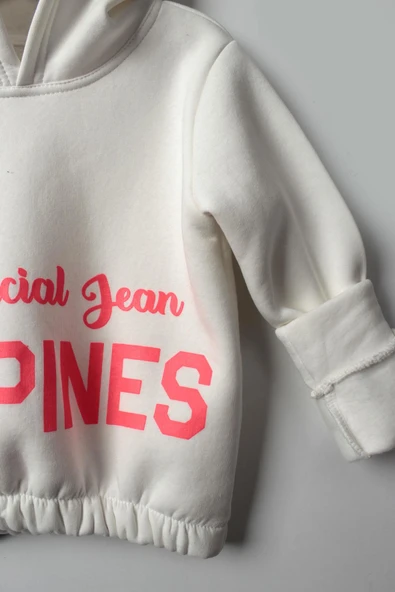 Kız Çocuk 5-10 Yaş Şardonlu Kalın Sweatshirt - Kapüşonlu Beyaz HAPPINESS Baskılı - 9