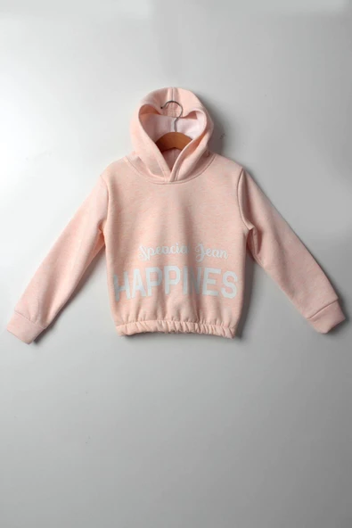Kız Çocuk 5-10 Yaş Şardonlu Kalın Sweatshirt - Kapüşonlu Somon HAPPINESS Baskılı