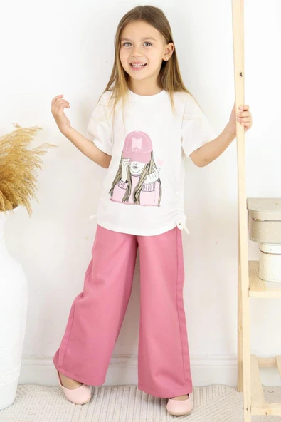 Kız Çocuk Pudra Bol Paça Pantolon ve Beyaz Baskılı Tişört Takım 5-13 Yaş Yazlık Kombin - Resim 9