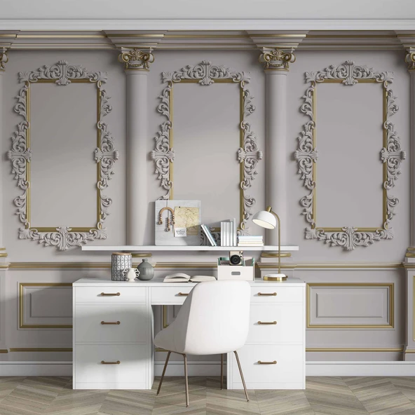 3 Boyutlu Beyaz Sütun Panel Altın Motif Duvar Kağıdı Baskı - 4
