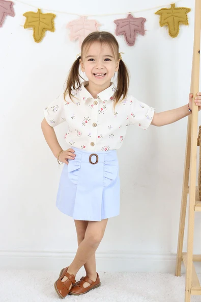 Kız Çocuk Bebe Mavi Gömlekli Şort Etek Takım - Çiçek Desenli 2'li Set - Günlük, Bayramlık