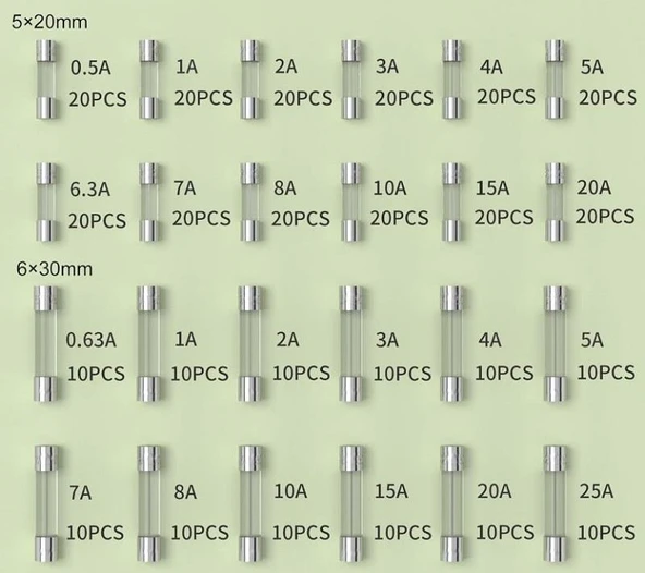 Cam Sigorta Seti 5x20 6x30 mm 360 Adet 24 Çeşit 250v Hızlı / Fast Şeffaf Çantada - 3