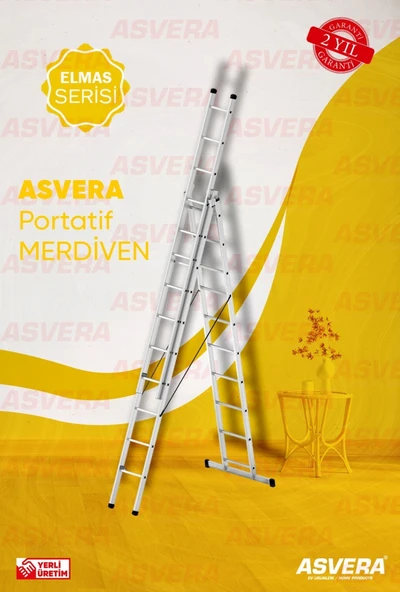 ASVERA 3 Parça x 3 Metre = 9 Metre A Tipi Alüminyum Merdiven – Katlanabilir & Dayanıklı ürün görseli