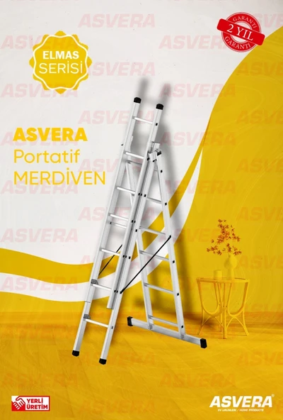 ASVERA 3 Parça x 2 Metre = 6 Metre A Tipi Alüminyum Merdiven – Profesyonel, Katlanabilir & Yerli Üretim ürün görseli
