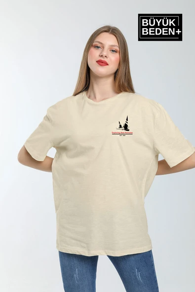 Kadın Büyük Beden Yelken Baskılı Bisiklet Yaka Tshırt SPR25BTSK903 - 9