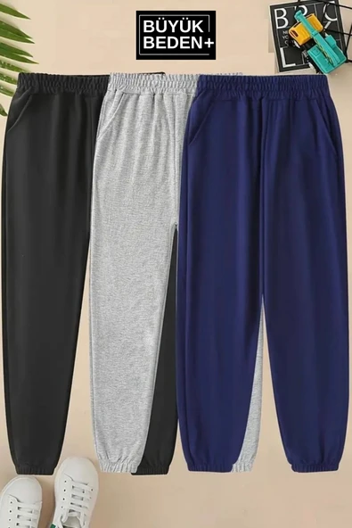 Üçlü Eşofman Büyük Beden Lastik Paça İnce Eşofman Altı SPR25BEA51-3