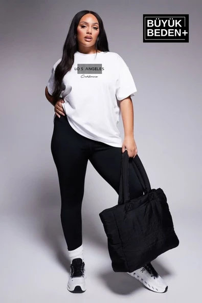 Kadın Büyük Beden Las Angeles Baskılı Bisiklet Yaka Tshırt SPR25BTK909