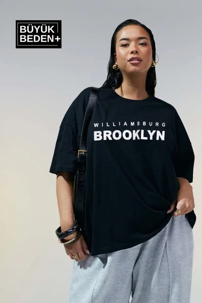 Kadın Büyük Beden Willams.Brooklyn Baskılı Bisiklet Yaka Tshırt SPR25BTSK15