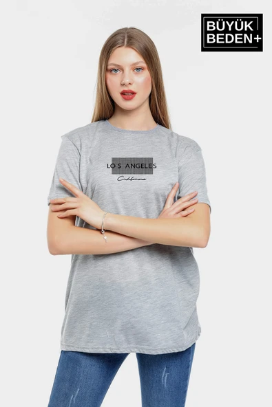 Kadın Büyük Beden Las Angeles Baskılı Bisiklet Yaka Tshırt SPR25BTK909 - 7