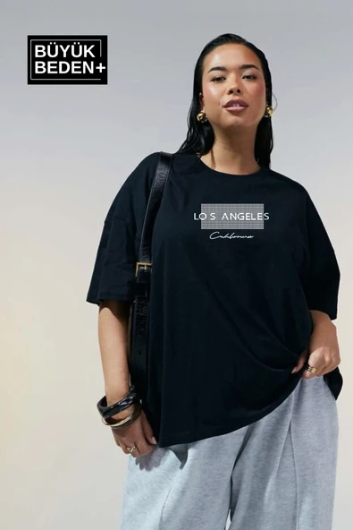 Kadın Büyük Beden Las Angeles Baskılı Bisiklet Yaka Tshırt SPR25BTK909 - 3