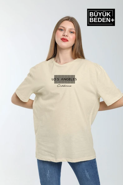 Kadın Büyük Beden Las Angeles Baskılı Bisiklet Yaka Tshırt SPR25BTK909 - 9